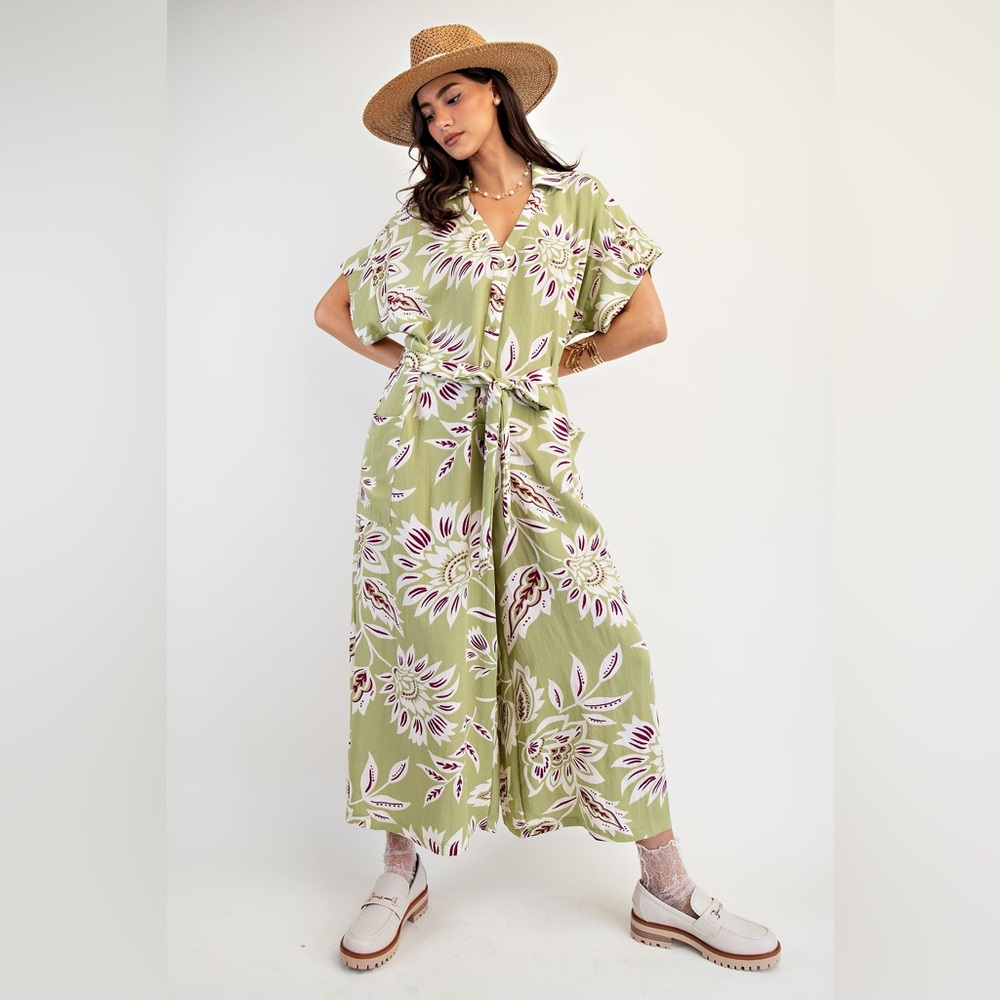 easel Olive Green Floral Wide-Leg Jumpsuit